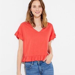 LOFT Vibrant Coral Ruffle Blouse